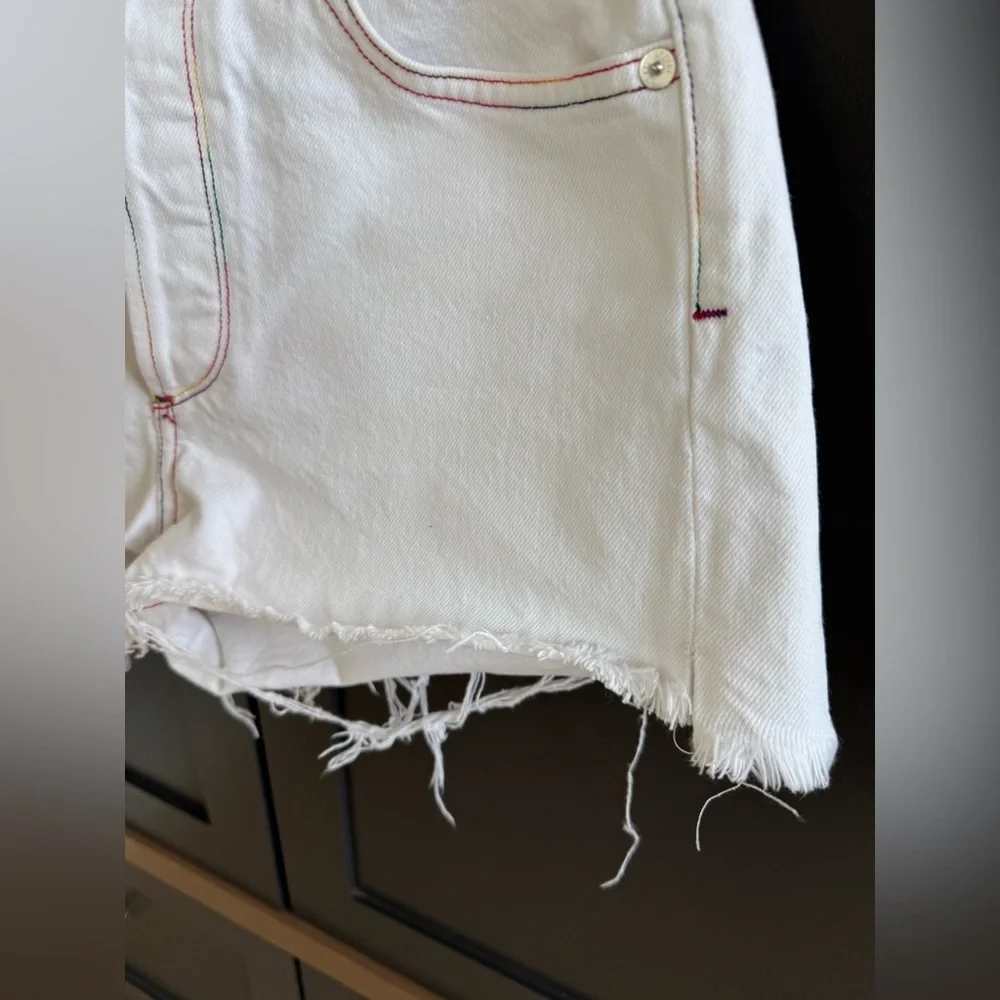 Agolde 27 Jaden Cut Off Short in White Space w/ rainbow stitch